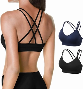 VEQKING Women's Cross Back Sports Bra Padded Strappy Medium Support Yoga Bra for Workout Fitness 3 Pack