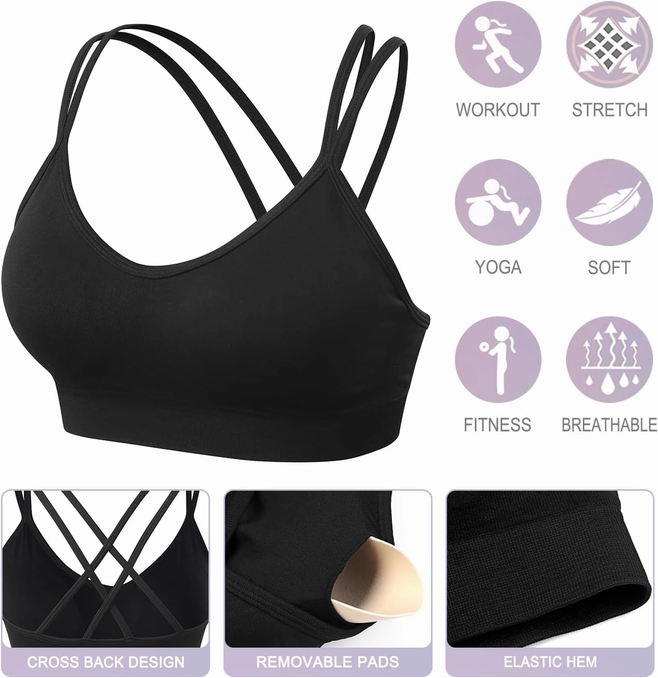 VEQKING Women's Cross Back Sports Bra Padded Strappy Medium Support Yoga Bra for Workout Fitness 3 Pack