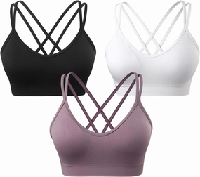 VEQKING Women's Cross Back Sports Bra Padded Strappy Medium Support Yoga Bra for Workout Fitness 3 Pack