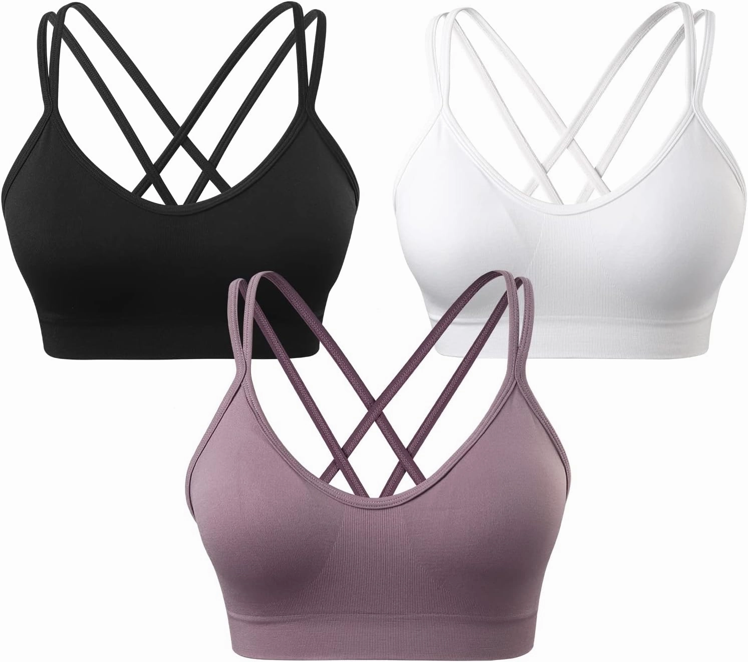 VEQKING Women's Cross Back Sports Bra Padded Strappy Medium Support Yoga Bra for Workout Fitness 3 Pack