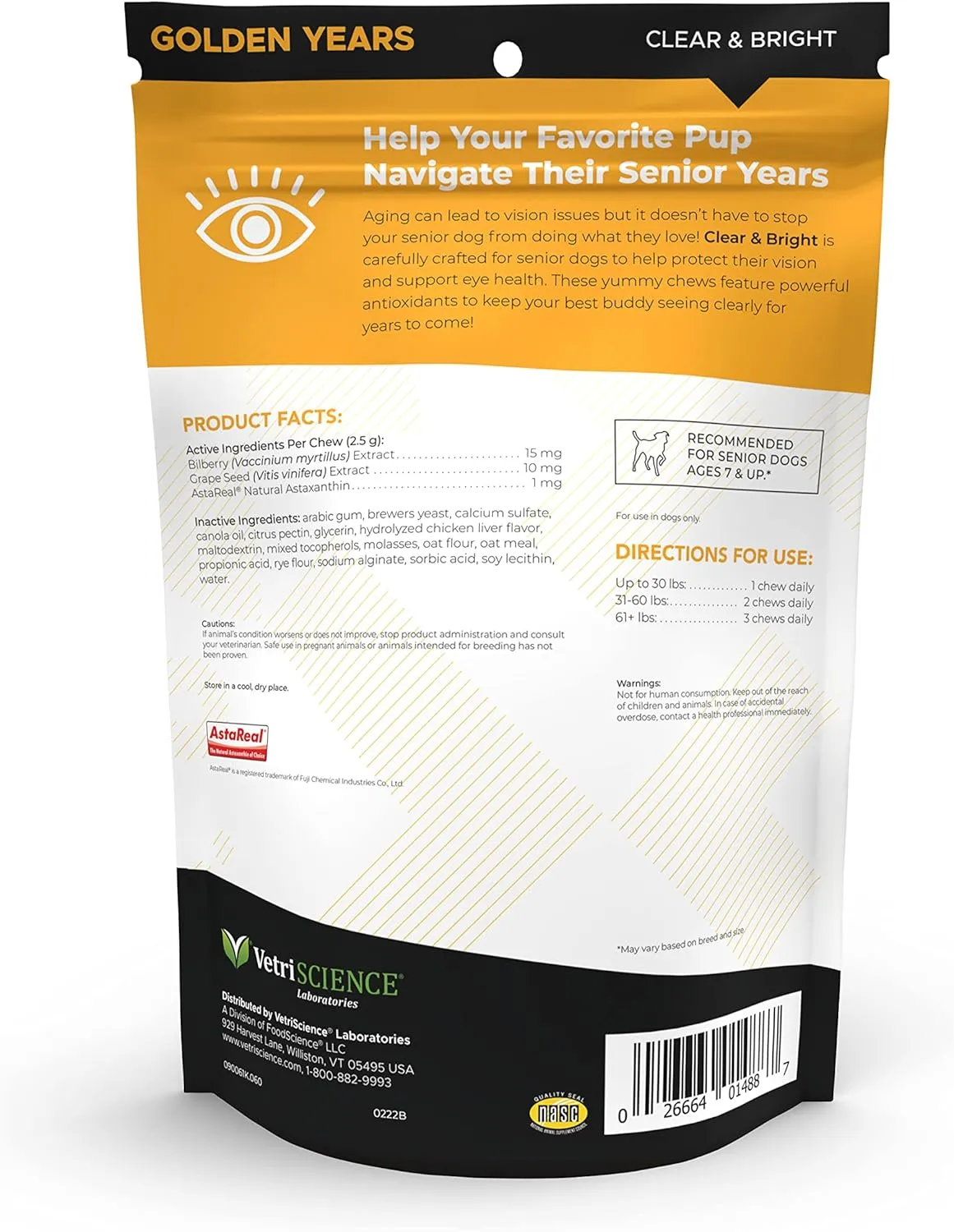 VetriScience Golden Years Clear and Bright Vision Support for Senior Dogs, Chicken Flavor, 60 Chews - Supports Cloudy and Teary Eyes and Ocular Blood Flow