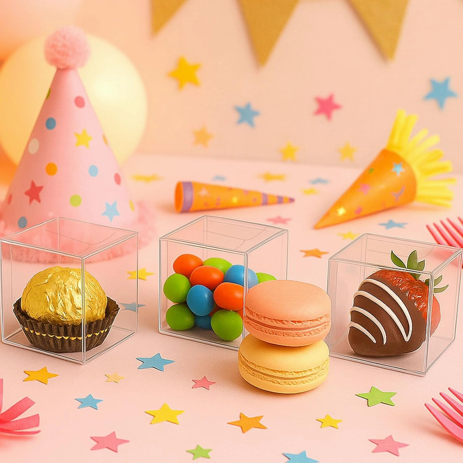 VGOODALL 100PCS Clear Favor Boxes,2 x 2 x 2 inches Small Candy Containers Transparent Gift Boxes for Wedding,Baby Shower,Party Treats