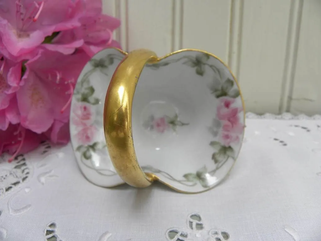 Vintage Hand Painted Pink Rose Trinket Basket