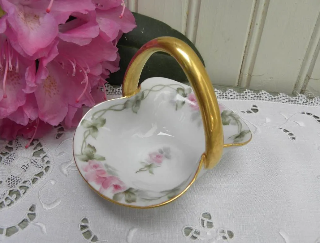 Vintage Hand Painted Pink Rose Trinket Basket