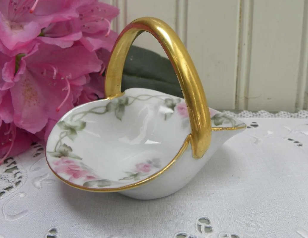 Vintage Hand Painted Pink Rose Trinket Basket