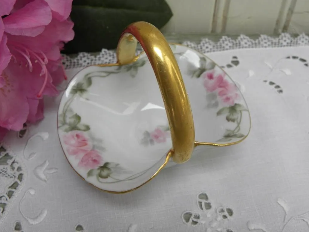 Vintage Hand Painted Pink Rose Trinket Basket