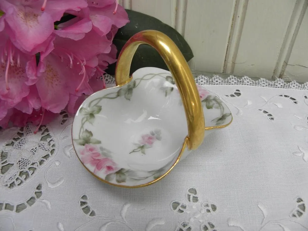 Vintage Hand Painted Pink Rose Trinket Basket
