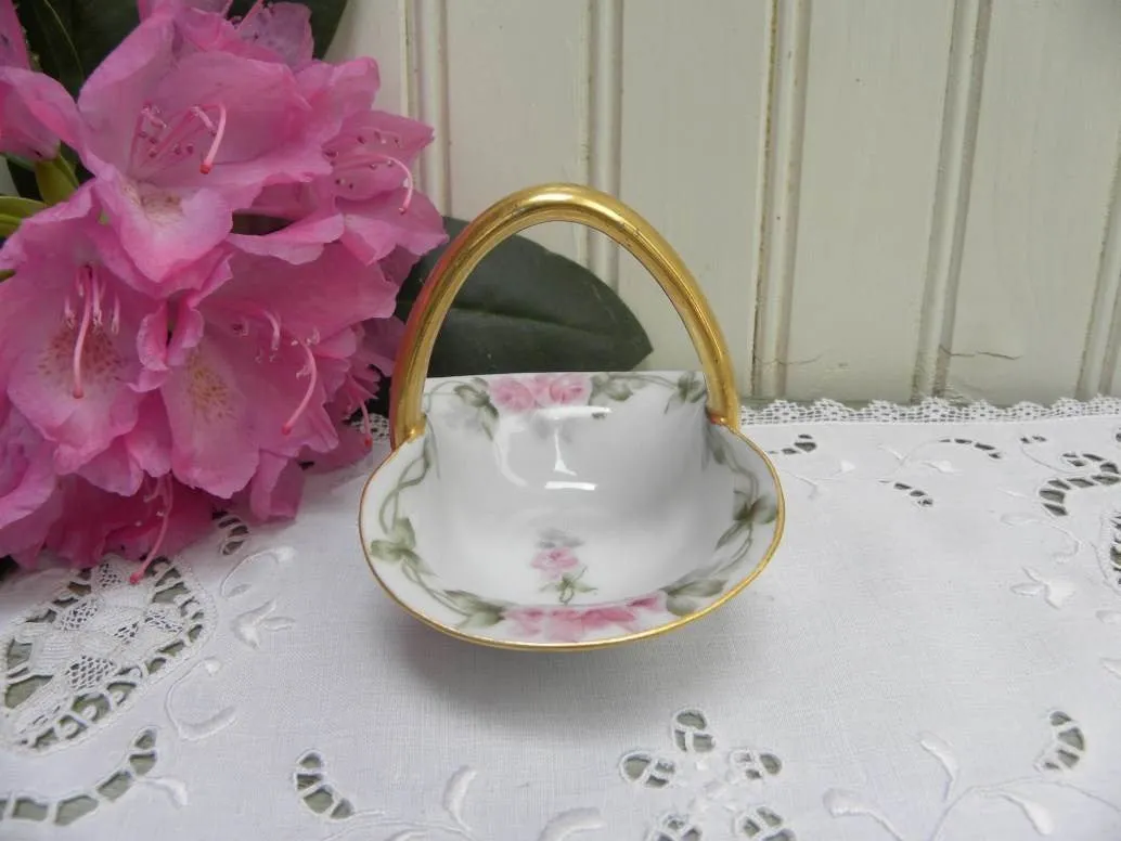 Vintage Hand Painted Pink Rose Trinket Basket