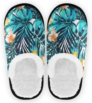 visesunny Blue Palm Leaf Flower Floral Slippers for Women Mens Winter Warm Memory Foam Cotton Home Slippers Soft Plush Fleece Slip on House Slippers for Girls Indoor Outdoor Shoes