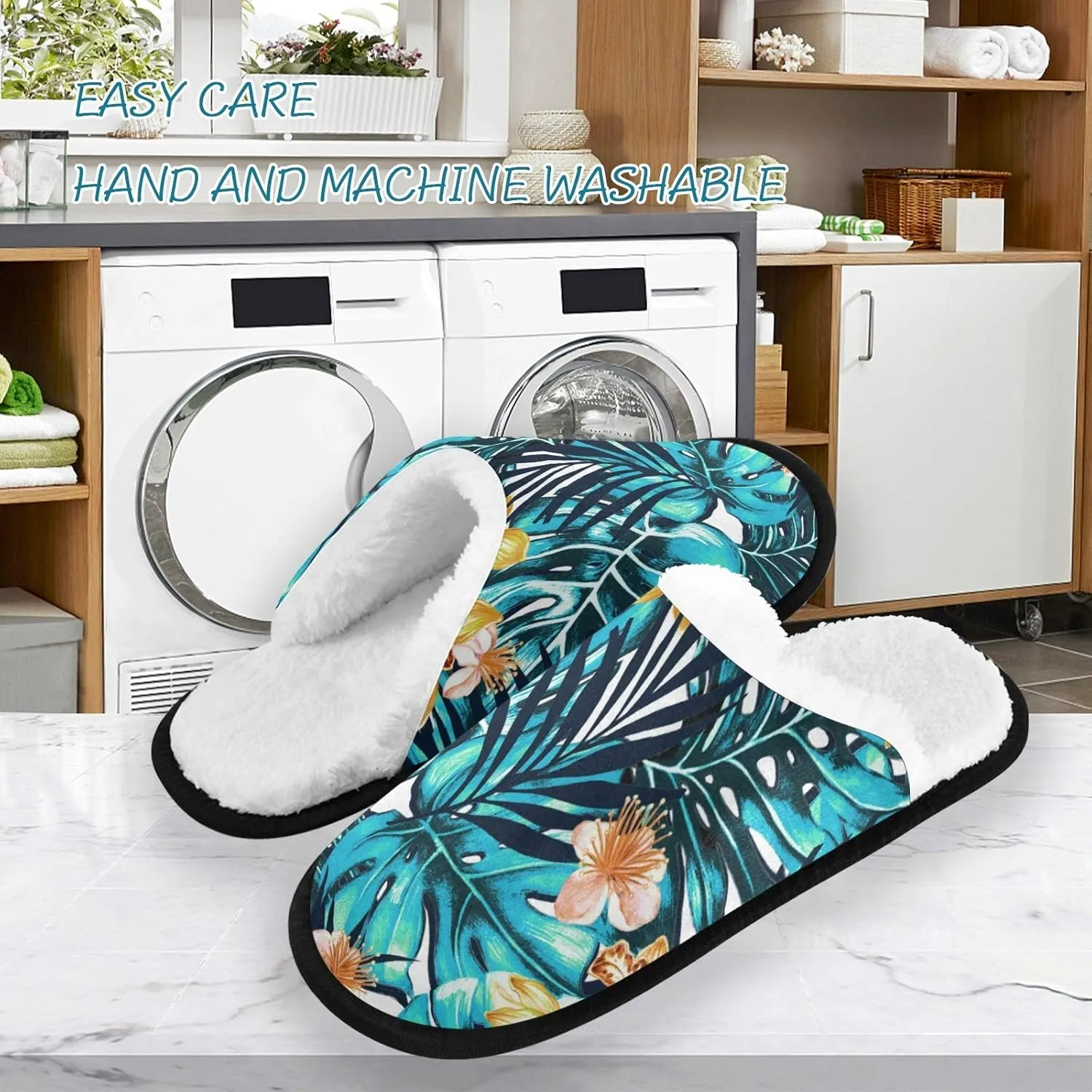 visesunny Blue Palm Leaf Flower Floral Slippers for Women Mens Winter Warm Memory Foam Cotton Home Slippers Soft Plush Fleece Slip on House Slippers for Girls Indoor Outdoor Shoes