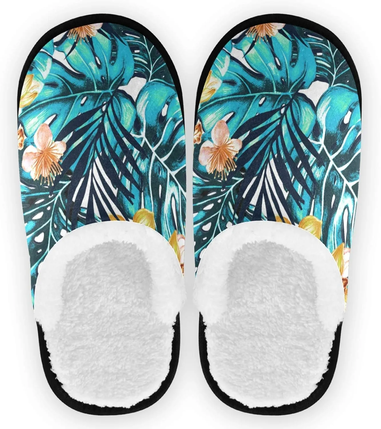visesunny Blue Palm Leaf Flower Floral Slippers for Women Mens Winter Warm Memory Foam Cotton Home Slippers Soft Plush Fleece Slip on House Slippers for Girls Indoor Outdoor Shoes