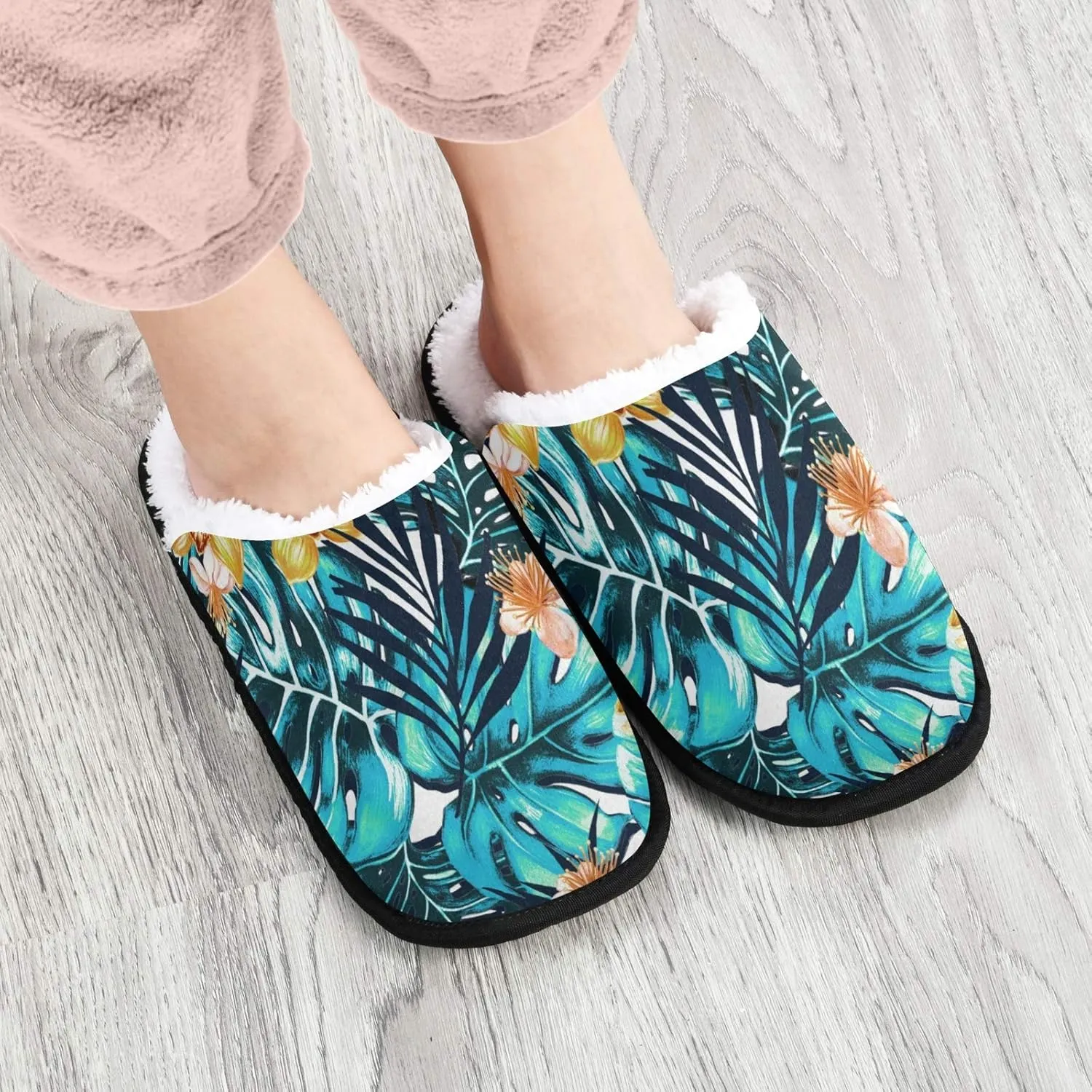 visesunny Blue Palm Leaf Flower Floral Slippers for Women Mens Winter Warm Memory Foam Cotton Home Slippers Soft Plush Fleece Slip on House Slippers for Girls Indoor Outdoor Shoes