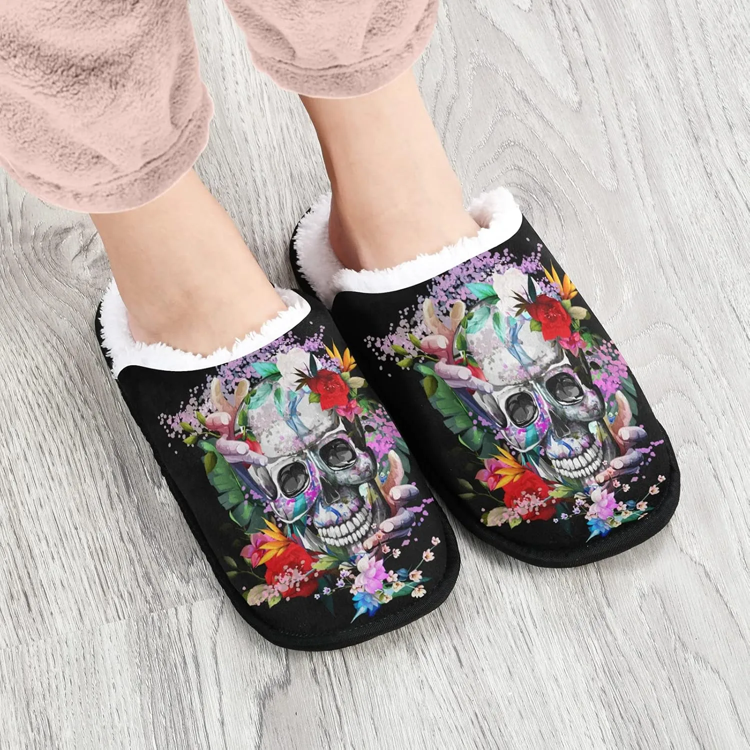 visesunny Slippers for Women Mens Stylish Foral Winter Warm Memory Foam Cotton Home Slippers Soft Plush Fleece Slip on House Slippers Unisex Indoor Outdoor Shoes
