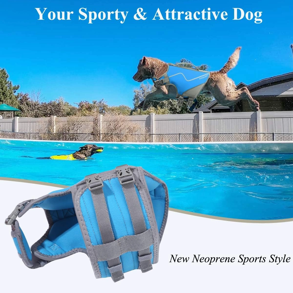 VIVAGLORY Neoprene Dog Life Jacket Dog Life Vest for Boating Hunting & Swimming, Lightweight with Leash Ring, L, Blue