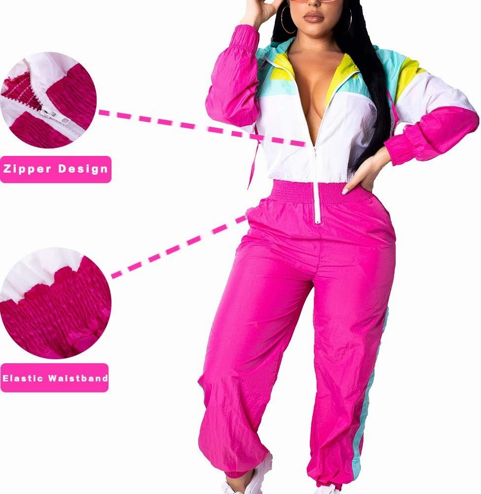 VOIKERDR Women Colorblock One Piece Outfits Set High Waist Pants Long Sleeve Zipper Front Windbreaker Jumpsuit