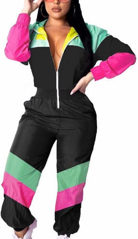VOIKERDR Women Colorblock One Piece Outfits Set High Waist Pants Long Sleeve Zipper Front Windbreaker Jumpsuit