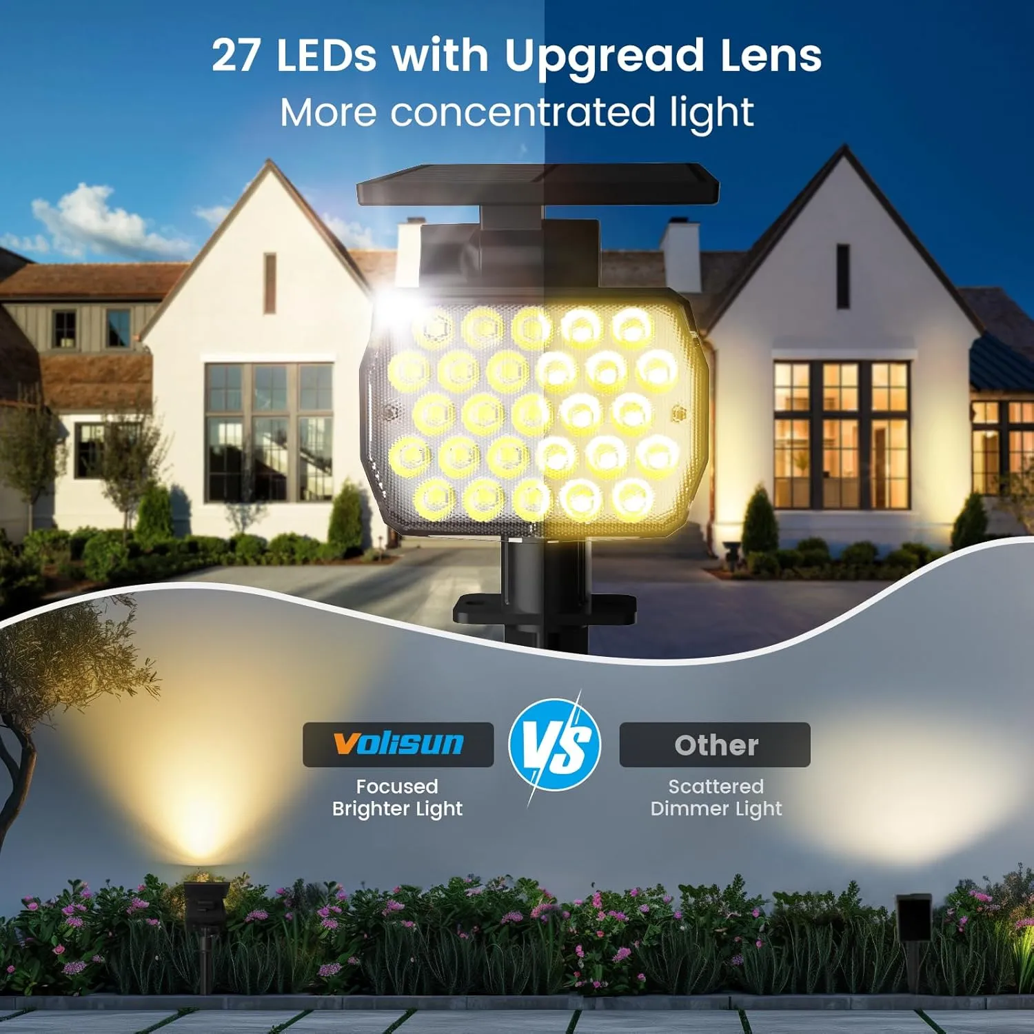 VOLISUN Solar Landscape Spotlights Adjustable Outdoor, Uplights Solar Waterproof IP67, Spot Lights Solar Powered for House,Tree,27 LED with 3 Lighting Modes(6 Pack- Warm White)
