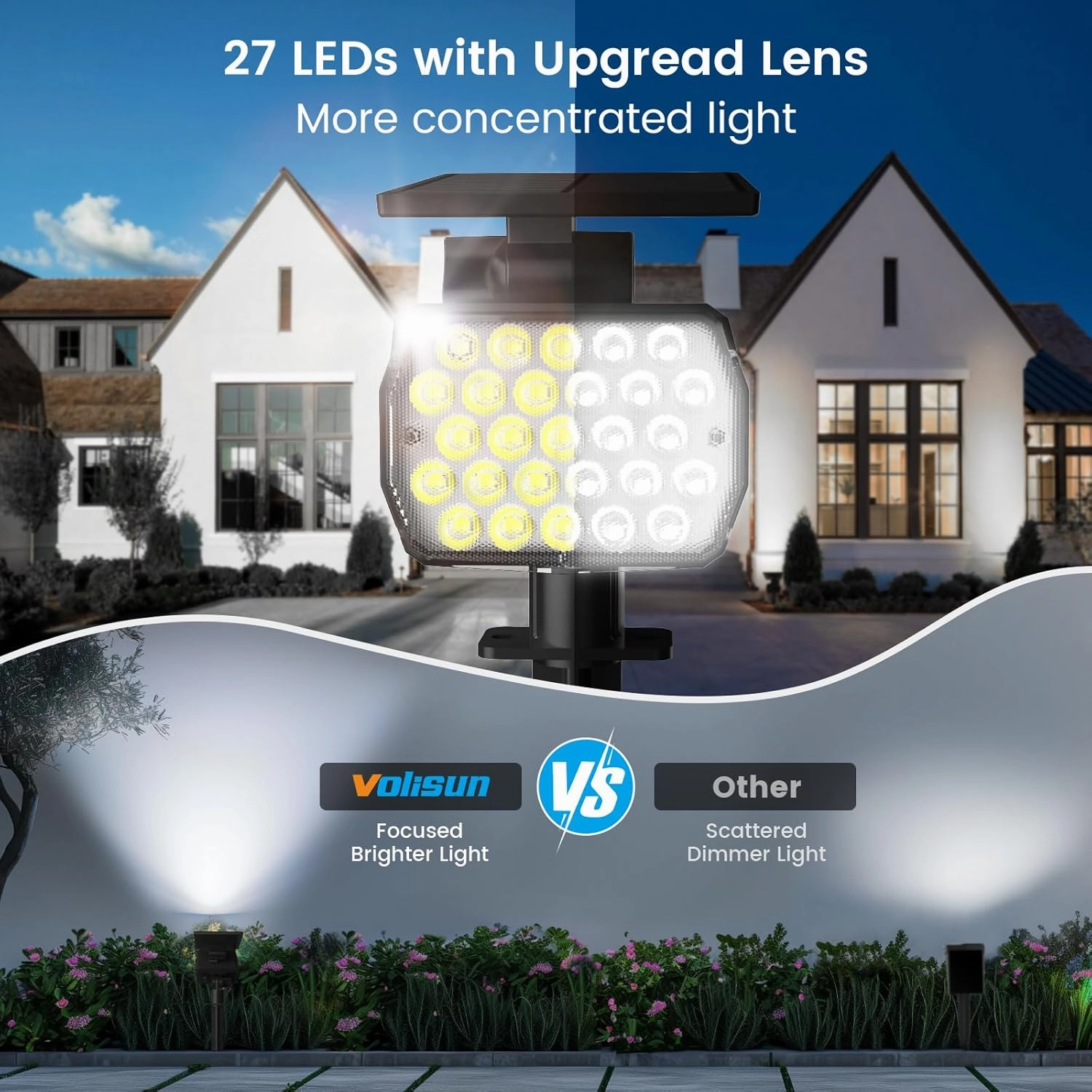 VOLISUN Solar Landscape Spotlights Adjustable Outdoor, Uplights Solar Waterproof IP67, Spot Lights Solar Powered for House,Tree,27 LED with 3 Lighting Modes(12 Pack- Cool White)