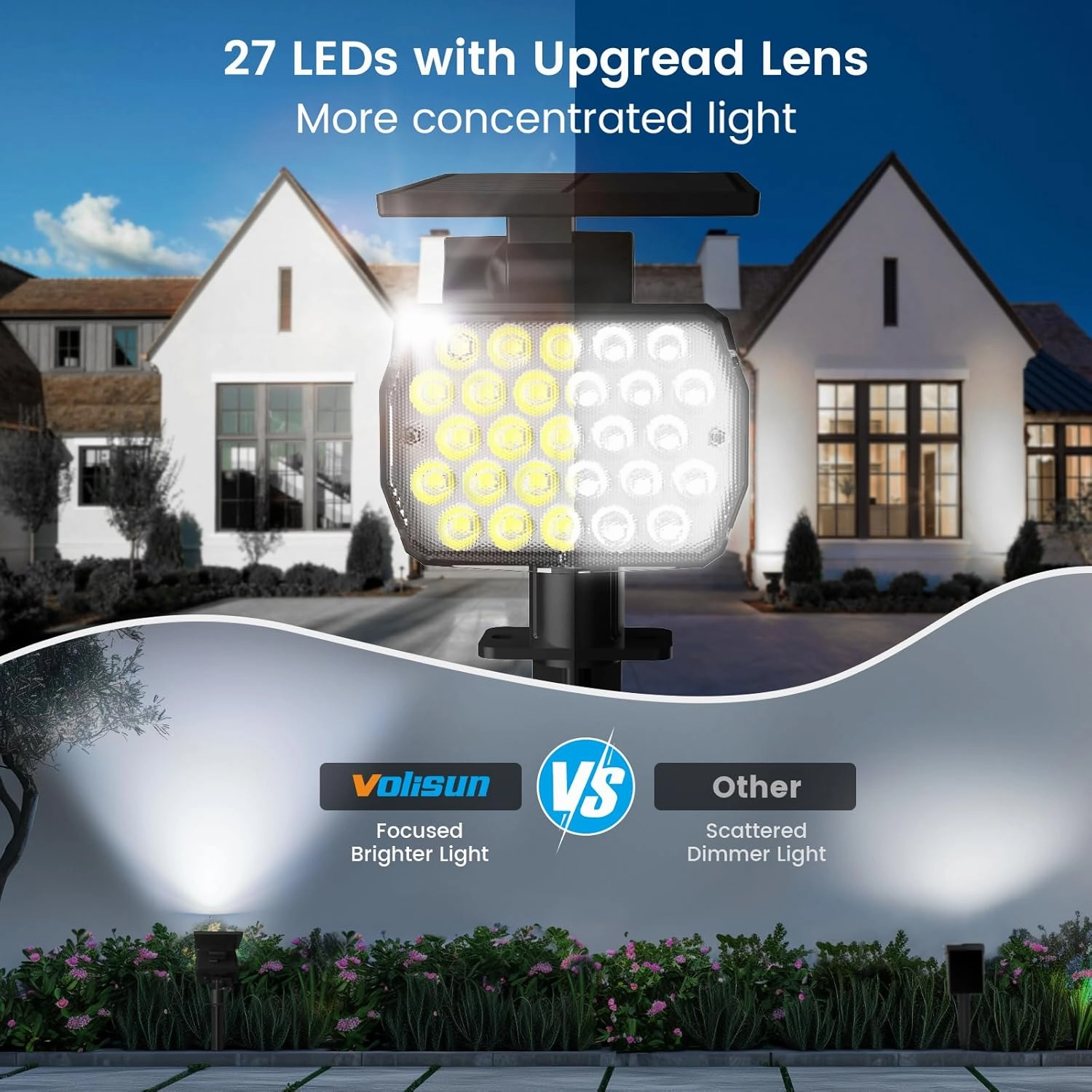 VOLISUN Solar Landscape Spotlights Adjustable Outdoor, Uplights Solar Waterproof IP67, Spot Lights Solar Powered for House,Tree,27 LED with 3 Lighting Modes(6 Pack- Cool White)