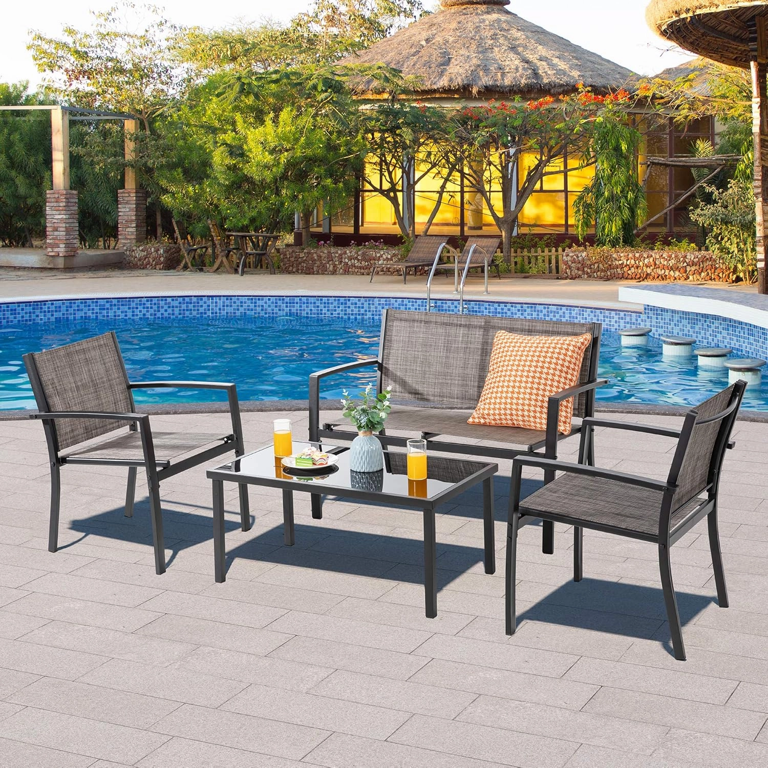 Vongrasig 4-Piece Modern Metal Textilene Patio Furniture Set - Small, Taupe with Loveseat & Glass Table for Lawn, Garden, Porch, Balcony, Backyard