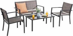 Vongrasig 4-Piece Modern Metal Textilene Patio Furniture Set - Small, Taupe with Loveseat & Glass Table for Lawn, Garden, Porch, Balcony, Backyard