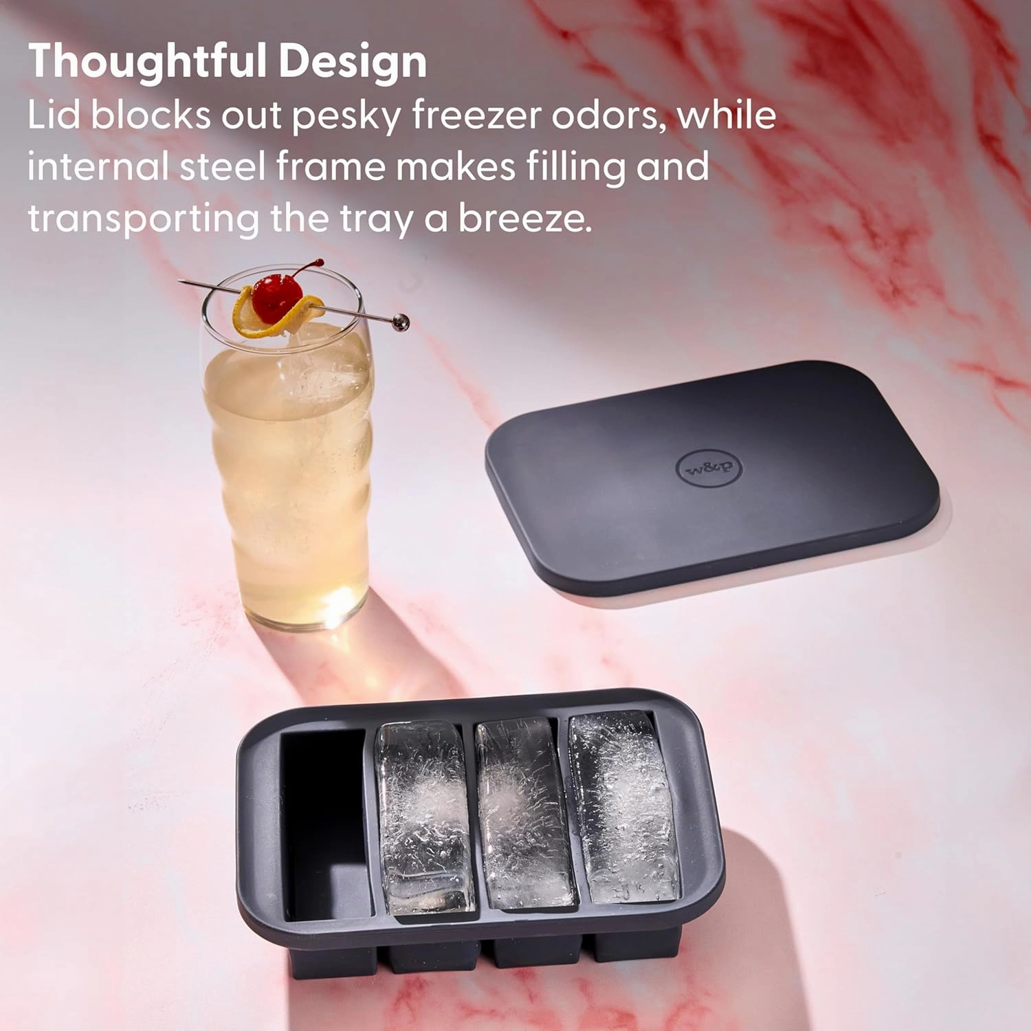 W&P Peak Silicone Collins Ice Tray w/ Protective Lid | Charcoal | Easy to Remove Ice Cubes | Food Grade Premium Silicone | Dishwasher Safe, BPA Free
