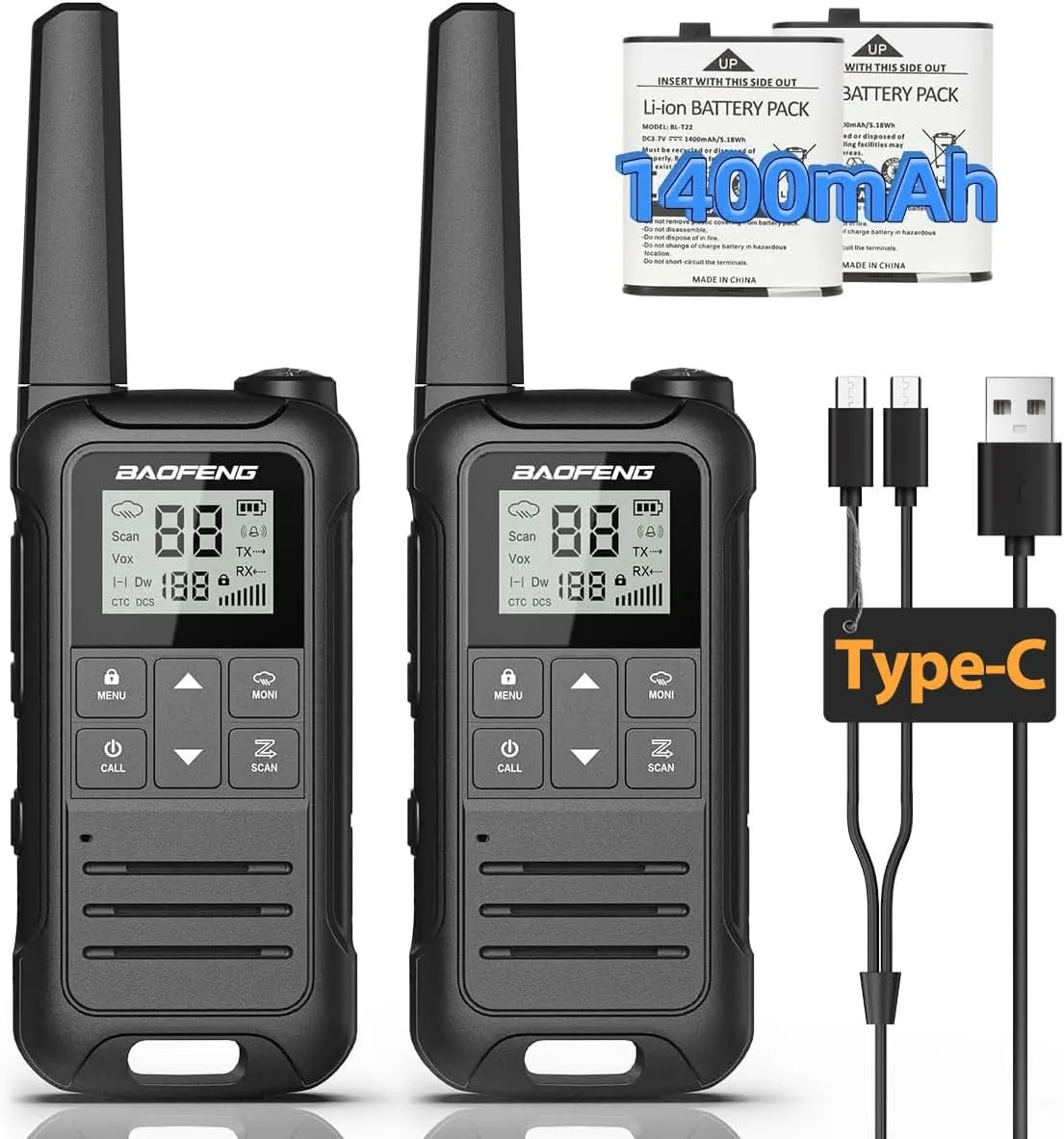 Walkie Talkies Long Range Rechargeable Walkie Talkie for Adults, Baofeng FRS Radio Walky Talky Family Walkie-Talkie with Flashlight 1400 mAh Battery USB Charger for Camping Trip 2Pack