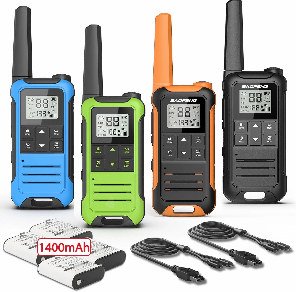 Walkie Talkies Long Range for Adult, Baofeng FRS Radio Portable Rechargeable Walkie Talkie Two Way Radio 1400mAh Li-ion Battery USB-C Cable NOAA VOX Walky Talky for Camping Skiing Hiking 4 Pack