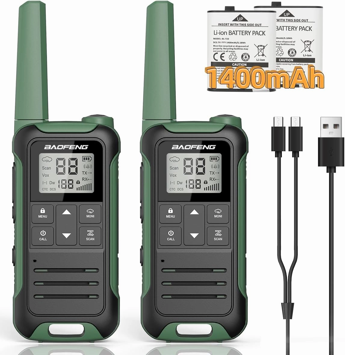 Walkie Talkies Long Range Walkie Talkie for Adults F22 FRS Radio Walky Talky Family Walkie-Talkie Rechargeable with 1400 mAh Battery USB Charger for Hiking Camping Trip(2 Pack)