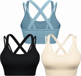 WANAYOU Sports Bras for Women High Support Ribbed Strappy Running Sports Bra Criss Cross Back Workout Bra Padded 3 Pack