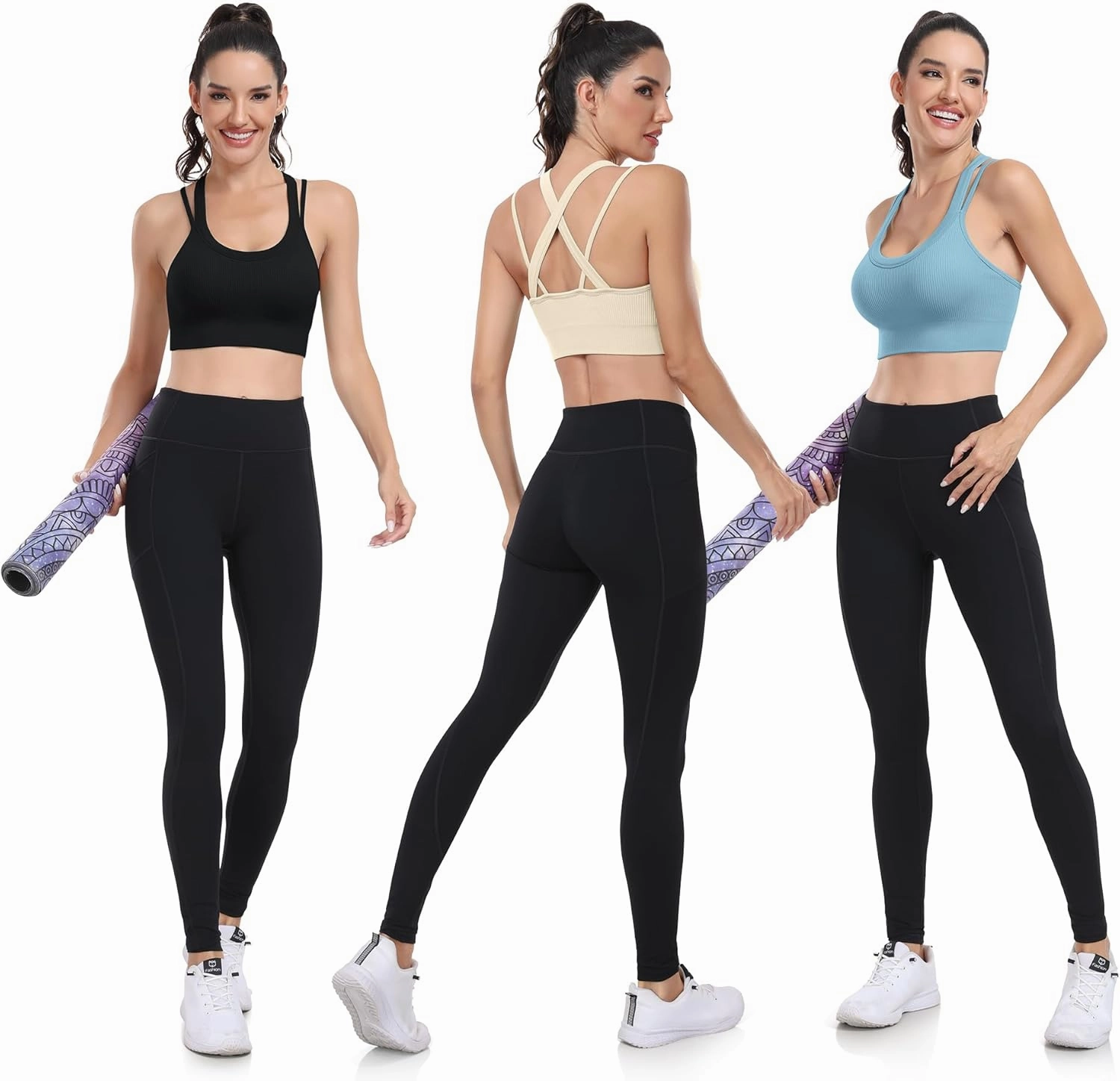 WANAYOU Sports Bras for Women High Support Ribbed Strappy Running Sports Bra Criss Cross Back Workout Bra Padded 3 Pack