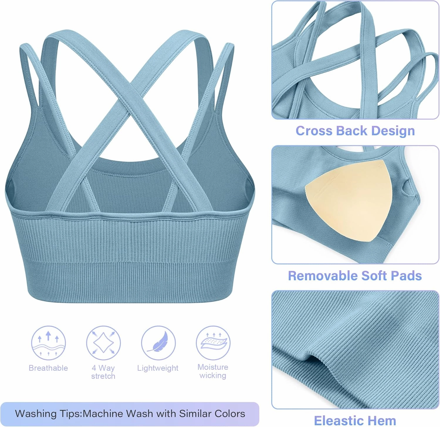 WANAYOU Sports Bras for Women High Support Ribbed Strappy Running Sports Bra Criss Cross Back Workout Bra Padded 3 Pack