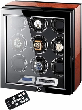Watch Winder Automatic Watch Winder LCD Touch Screen Display Super Quiet Motor Wooden Piano Finish with Remote Control LED Elegant Showcase Watch Winder