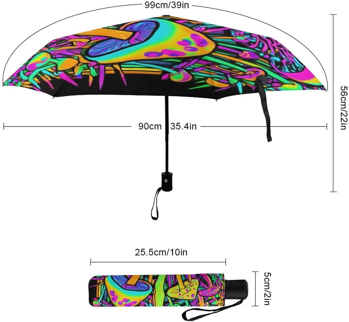 Water Repellent Travel Umbrella for Women Men Kids, Outdoor Umbrellas with Ergonomic Handle, Auto Open/Close, Trippy Mushroom Magica World Glowing Psychedelic Art Sun Protection Umbrellas