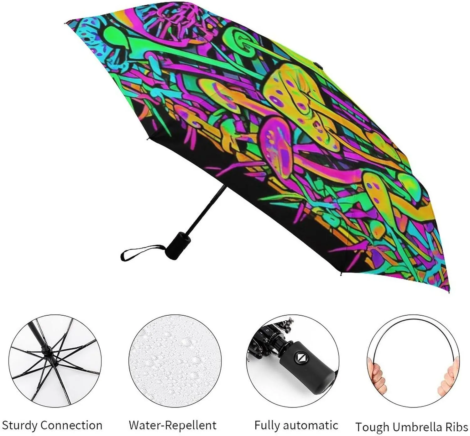 Water Repellent Travel Umbrella for Women Men Kids, Outdoor Umbrellas with Ergonomic Handle, Auto Open/Close, Trippy Mushroom Magica World Glowing Psychedelic Art Sun Protection Umbrellas