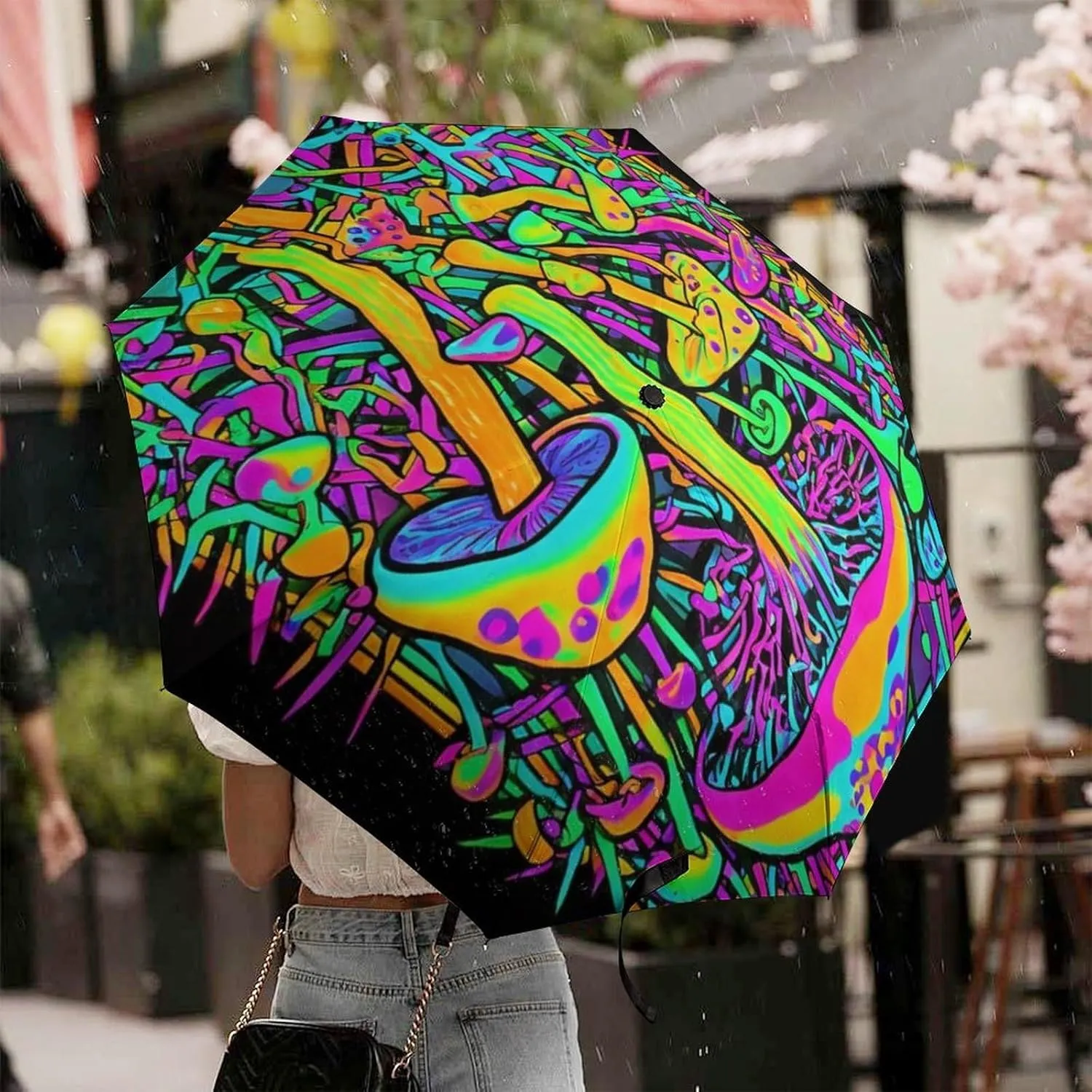 Water Repellent Travel Umbrella for Women Men Kids, Outdoor Umbrellas with Ergonomic Handle, Auto Open/Close, Trippy Mushroom Magica World Glowing Psychedelic Art Sun Protection Umbrellas