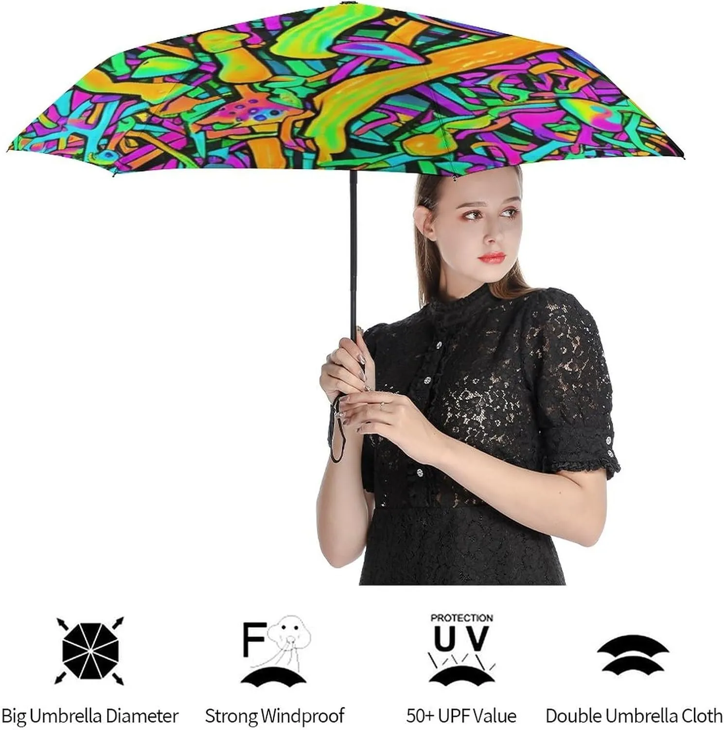 Water Repellent Travel Umbrella for Women Men Kids, Outdoor Umbrellas with Ergonomic Handle, Auto Open/Close, Trippy Mushroom Magica World Glowing Psychedelic Art Sun Protection Umbrellas
