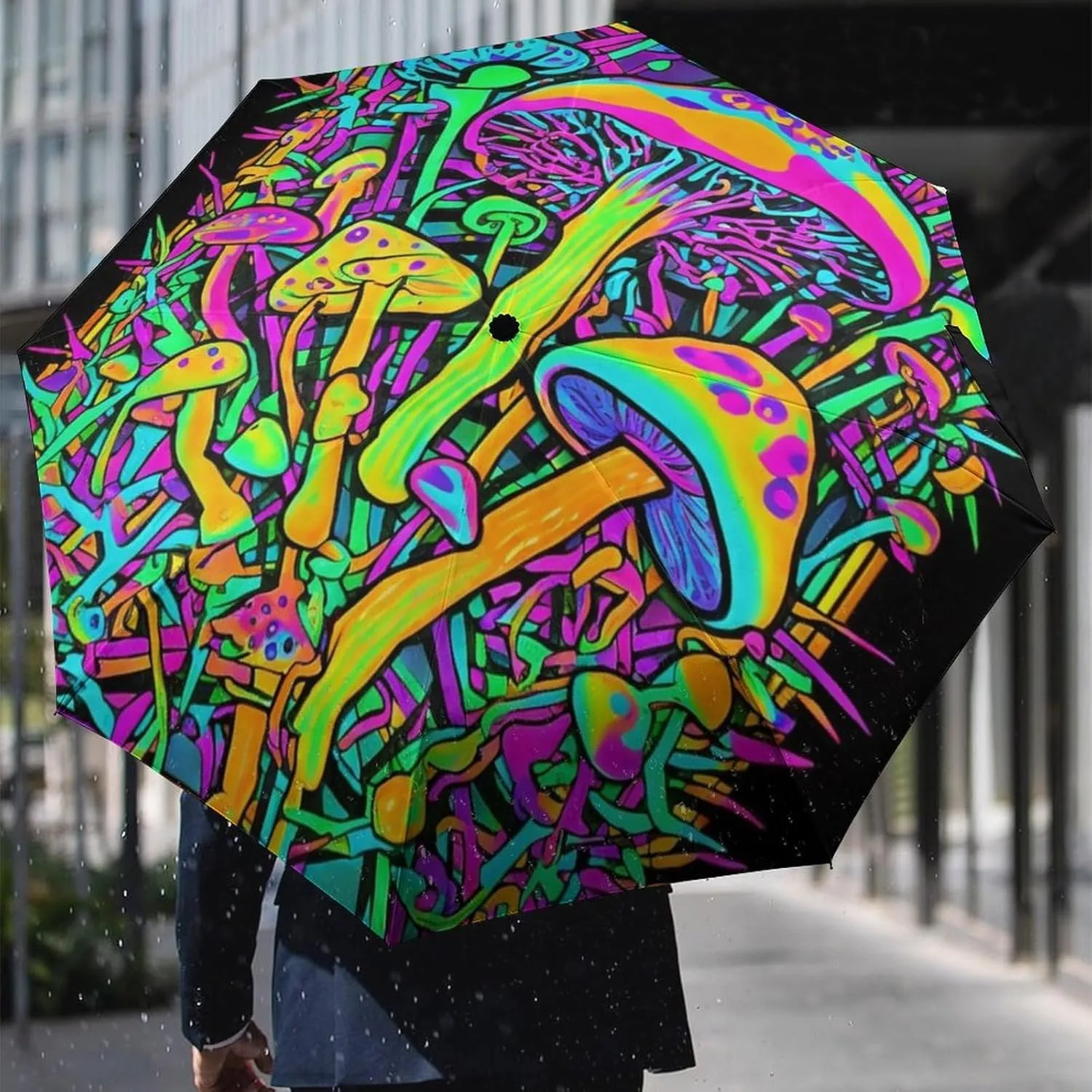 Water Repellent Travel Umbrella for Women Men Kids, Outdoor Umbrellas with Ergonomic Handle, Auto Open/Close, Trippy Mushroom Magica World Glowing Psychedelic Art Sun Protection Umbrellas