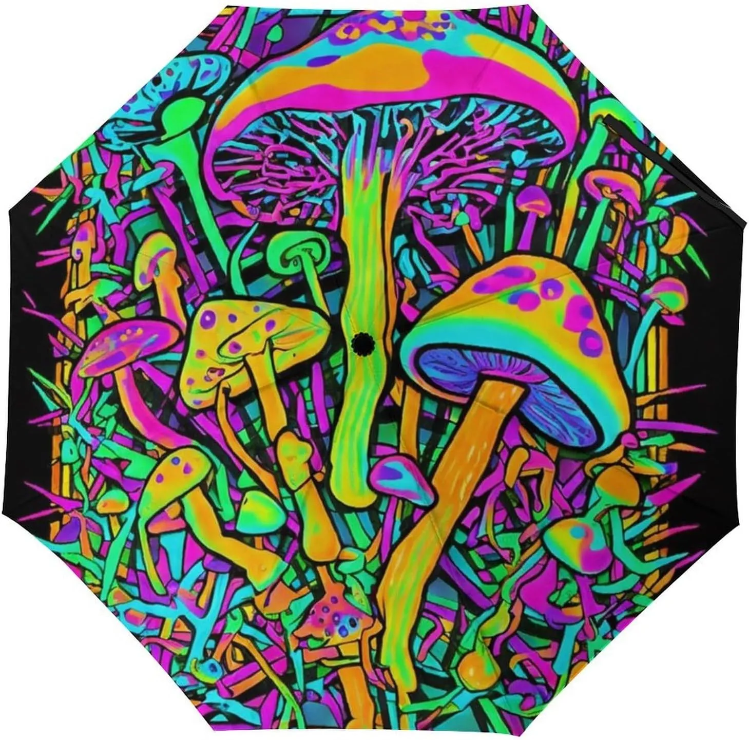 Water Repellent Travel Umbrella for Women Men Kids, Outdoor Umbrellas with Ergonomic Handle, Auto Open/Close, Trippy Mushroom Magica World Glowing Psychedelic Art Sun Protection Umbrellas