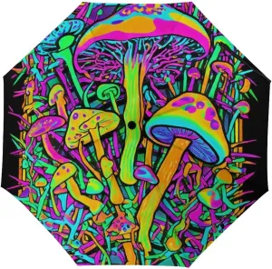 Water Repellent Travel Umbrella for Women Men Kids, Outdoor Umbrellas with Ergonomic Handle, Auto Open/Close, Trippy Mushroom Magica World Glowing Psychedelic Art Sun Protection Umbrellas