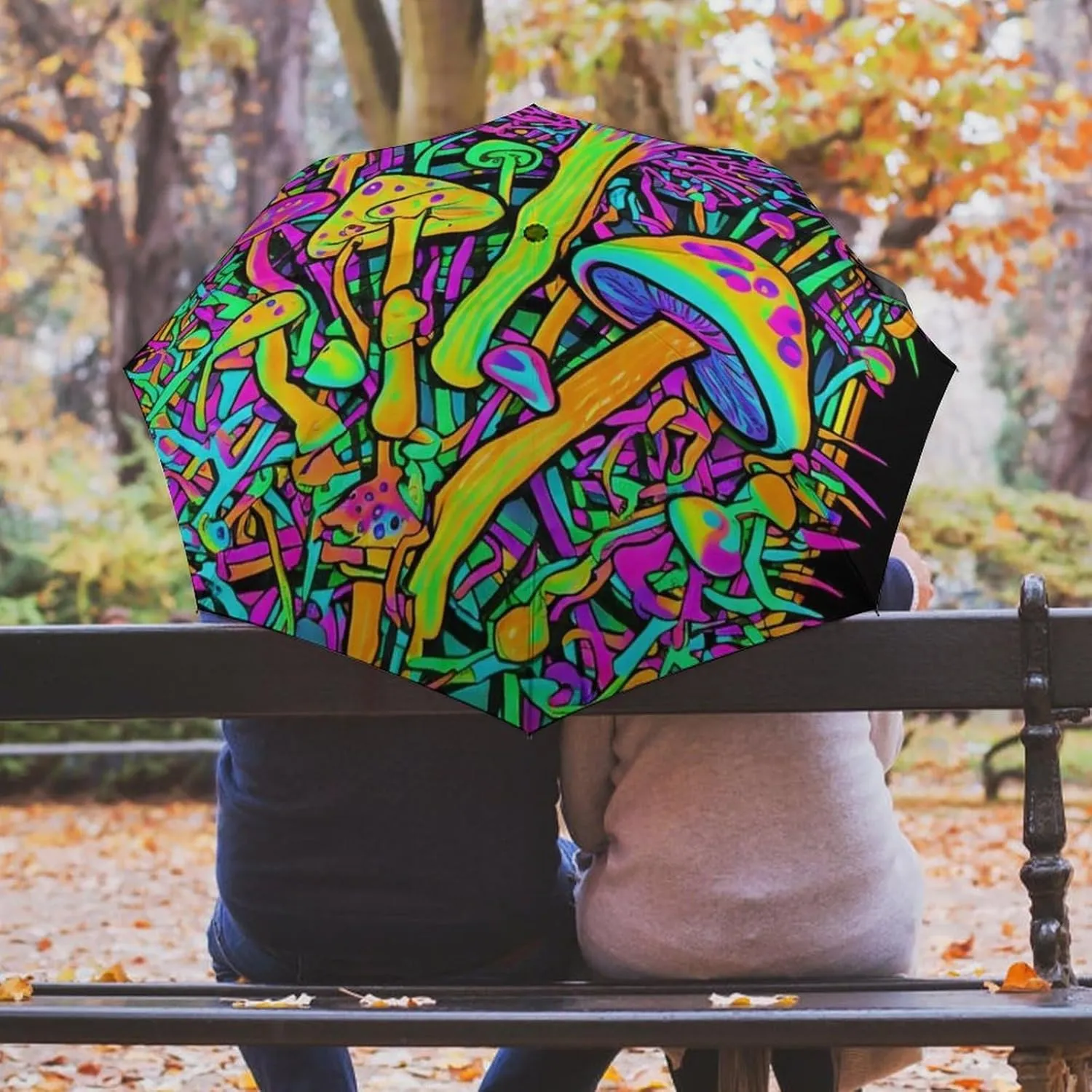 Water Repellent Travel Umbrella for Women Men Kids, Outdoor Umbrellas with Ergonomic Handle, Auto Open/Close, Trippy Mushroom Magica World Glowing Psychedelic Art Sun Protection Umbrellas