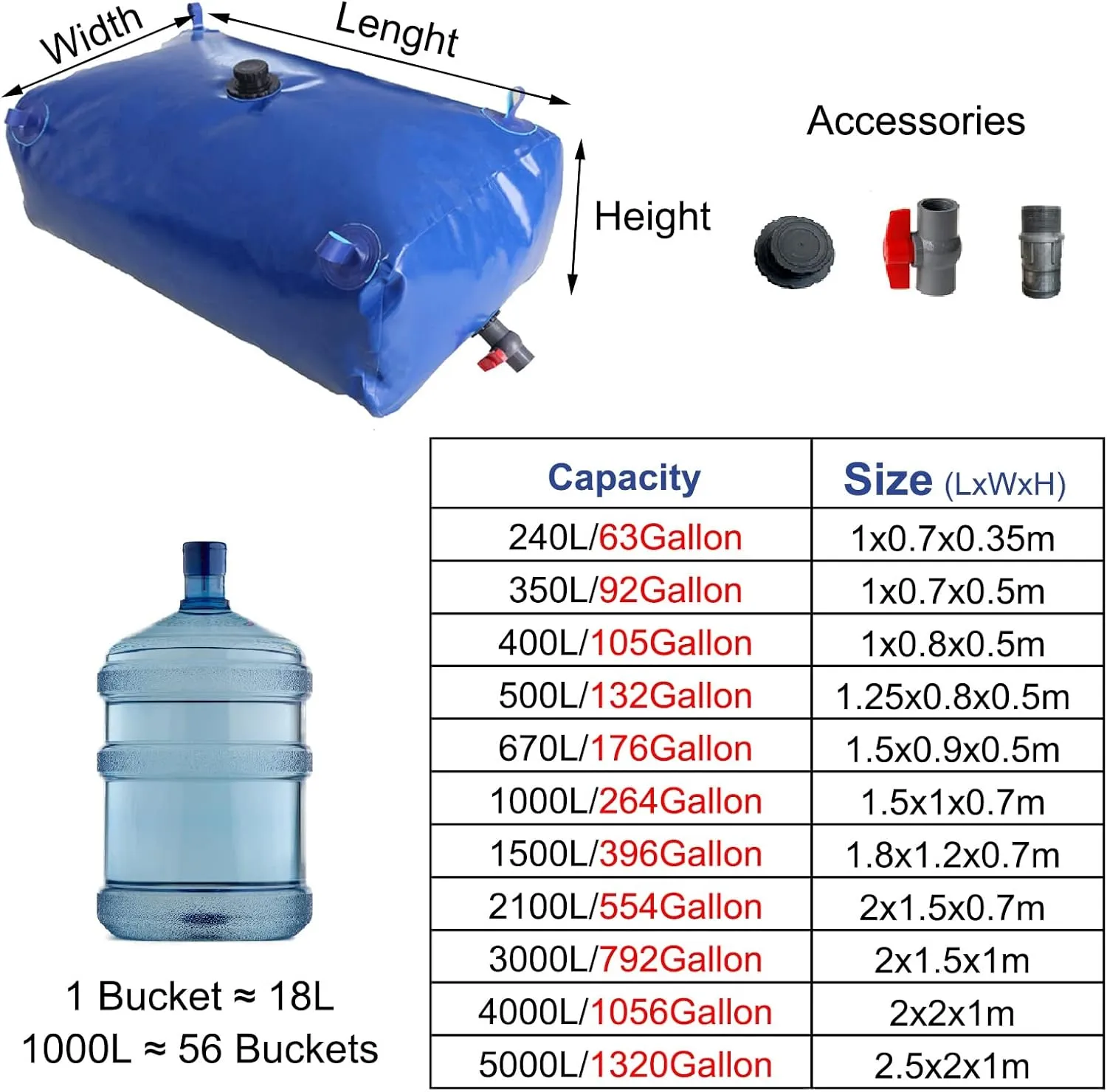 Water Storage Bag Multifunction Water Storage Bladder Bag, Foldable Large Water Tank Container, Portable Irrigation/Transport/Emergency Water Carrier (Size : 1x0.7x0.35m/240L/63Gallon) (One