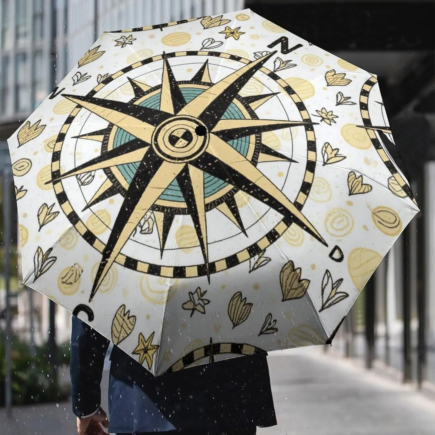 Waterproof Automatic Umbrellas for Women Men, Outdoor Umbrellas 95% UV Protection, Auto Open & Close, Vintage Compass Art Sun Protection