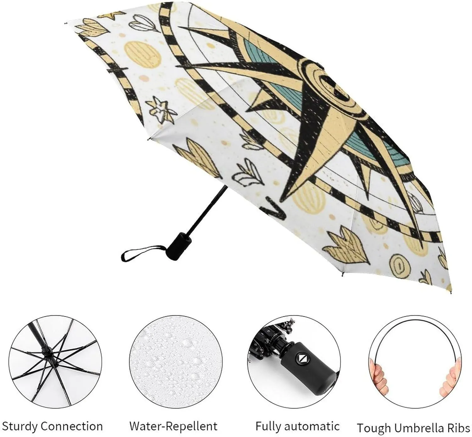 Waterproof Automatic Umbrellas for Women Men, Outdoor Umbrellas 95% UV Protection, Auto Open & Close, Vintage Compass Art Sun Protection