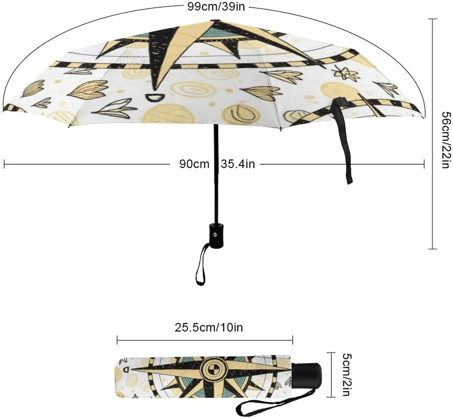 Waterproof Automatic Umbrellas for Women Men, Outdoor Umbrellas 95% UV Protection, Auto Open & Close, Vintage Compass Art Sun Protection