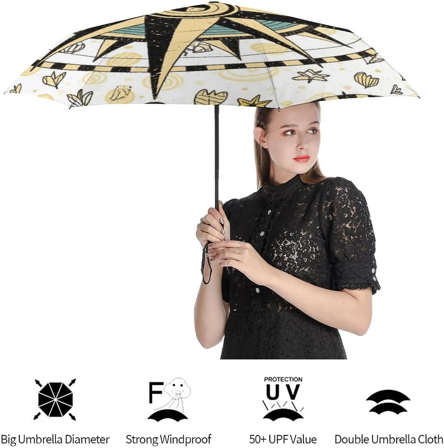 Waterproof Automatic Umbrellas for Women Men, Outdoor Umbrellas 95% UV Protection, Auto Open & Close, Vintage Compass Art Sun Protection