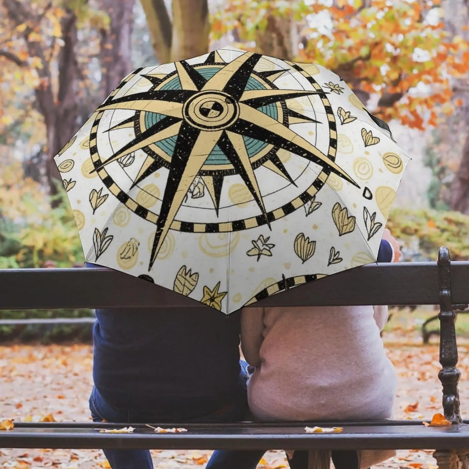 Waterproof Automatic Umbrellas for Women Men, Outdoor Umbrellas 95% UV Protection, Auto Open & Close, Vintage Compass Art Sun Protection