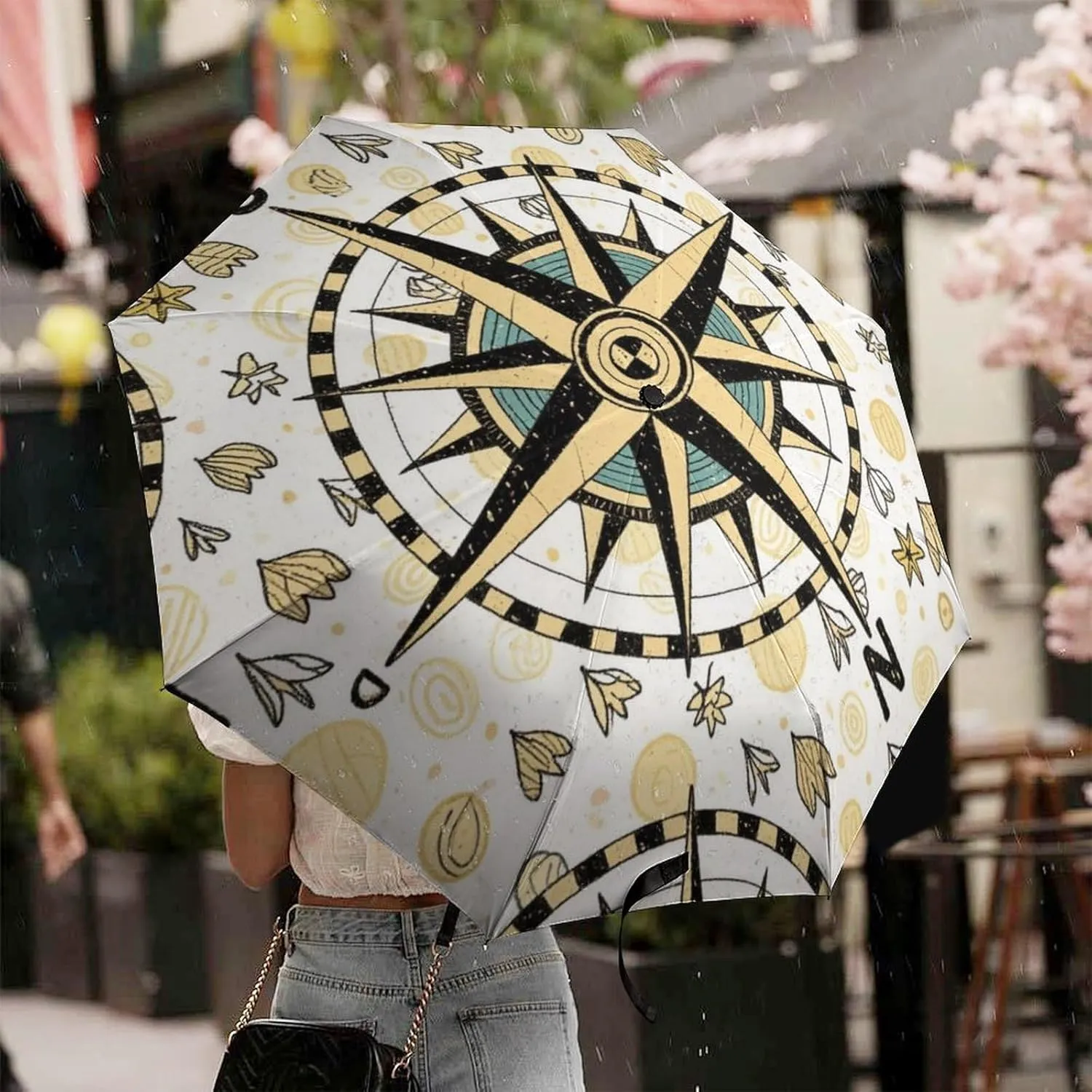 Waterproof Automatic Umbrellas for Women Men, Outdoor Umbrellas 95% UV Protection, Auto Open & Close, Vintage Compass Art Sun Protection