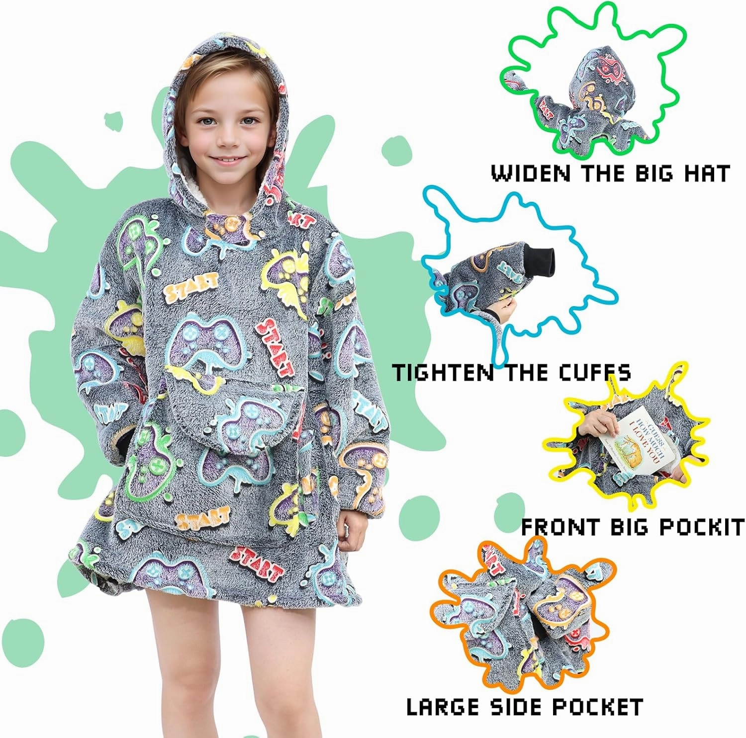Wearable Blanket Hoodie Kids Gaming Sweatshirt Blanket with Giant Pocket Glow in the Dark Gamer Hooded Blanket 6-10 Year Old Girl Boy Birthday Gamer Gifts