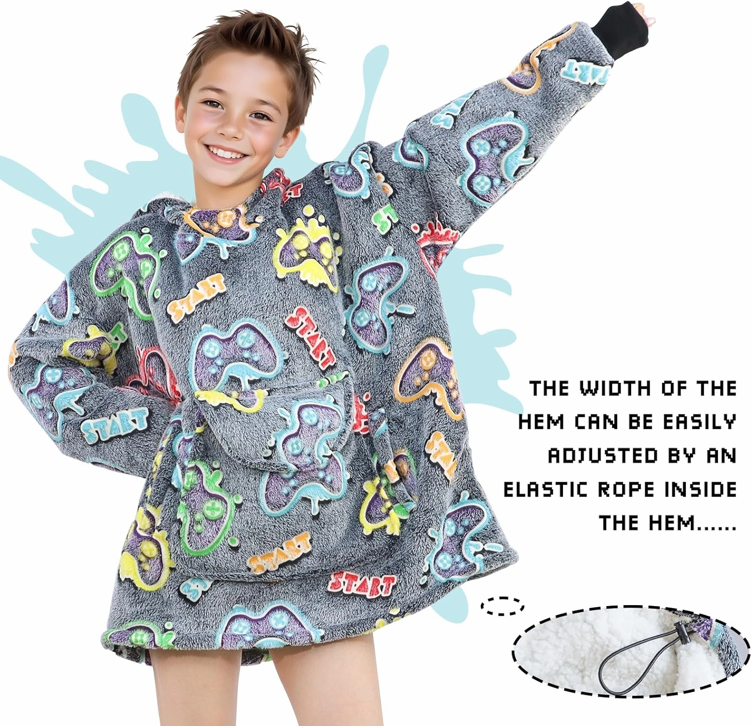 Wearable Blanket Hoodie Kids Gaming Sweatshirt Blanket with Giant Pocket Glow in the Dark Gamer Hooded Blanket 6-10 Year Old Girl Boy Birthday Gamer Gifts